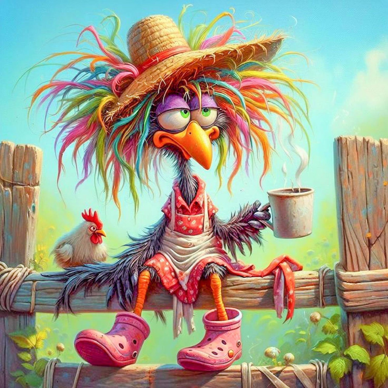Cartoon Rooster in Straw Hat