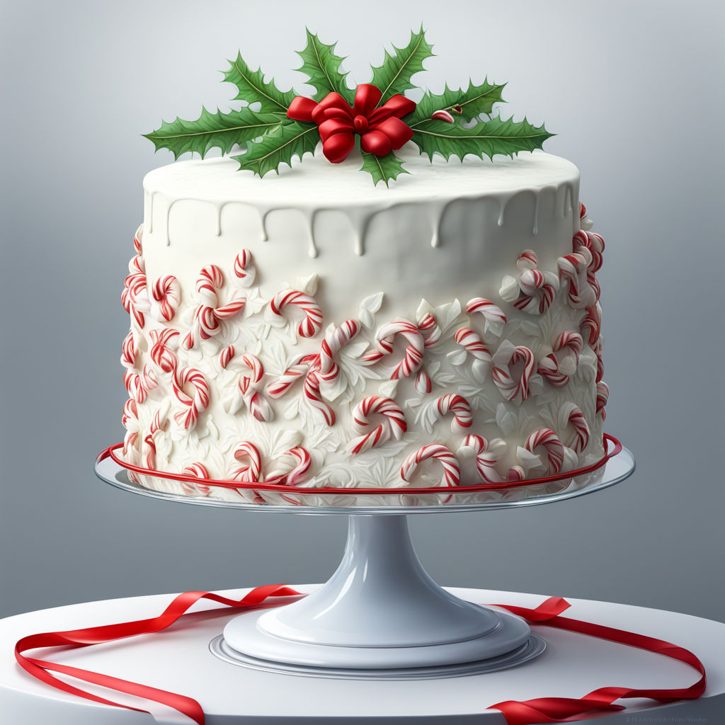 Round white Christmas cake with peppermint meringue decorations and holly topper on pedestal stand