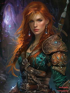 Fantasy warrior woman with long red hair wearing ornate bronze armor and teal clothing