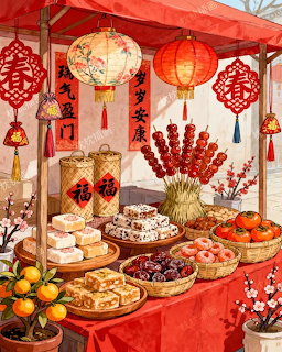 Festive Lunar New Year stall with red lanterns, blossoms, oranges, and trays of sweets