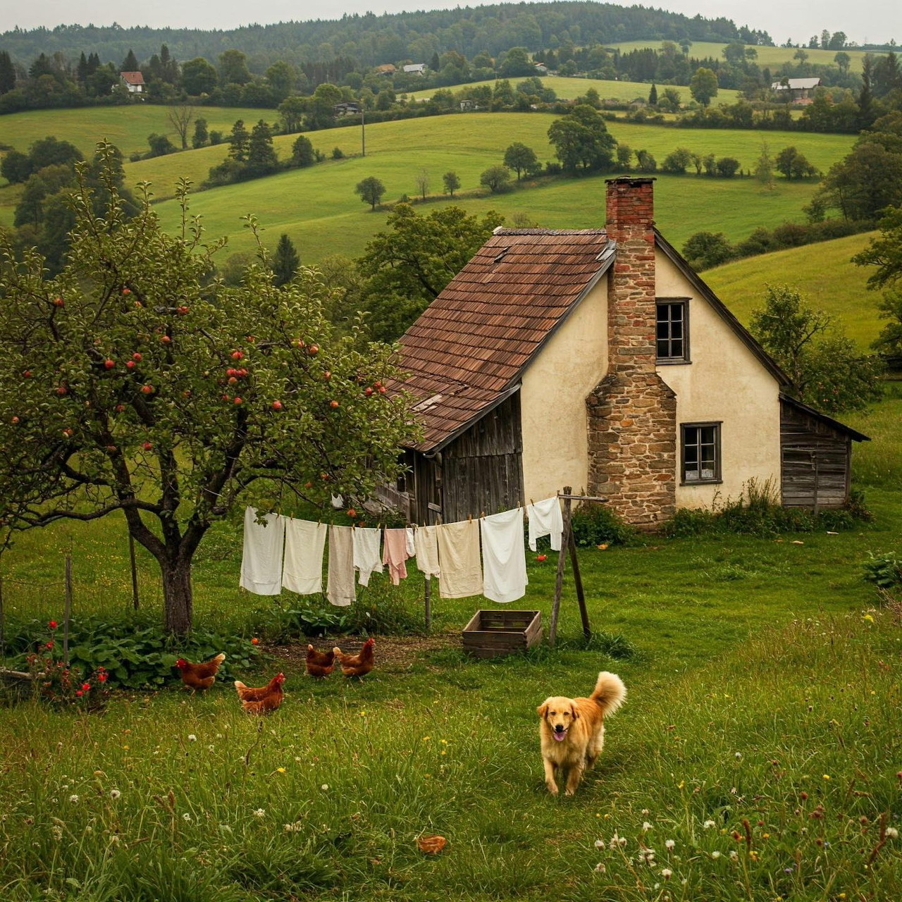 Stone cottage with dog in grassy field, laundry hanging outside, rolling hills in background