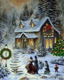 Painting of a Victorian family approaching a snow-covered stone cottage with Christmas decorations and lit tree