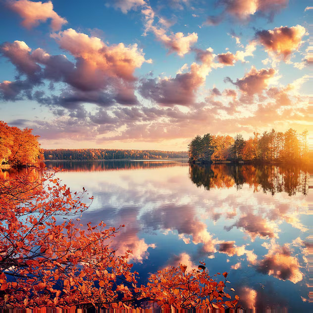 Autumn lake with dramatic sunset clouds reflected in still water, orange foliage on left shore