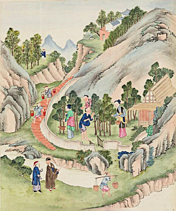 Historical painting of people in a mountain landscape with tea plants, winding paths, and small buildings