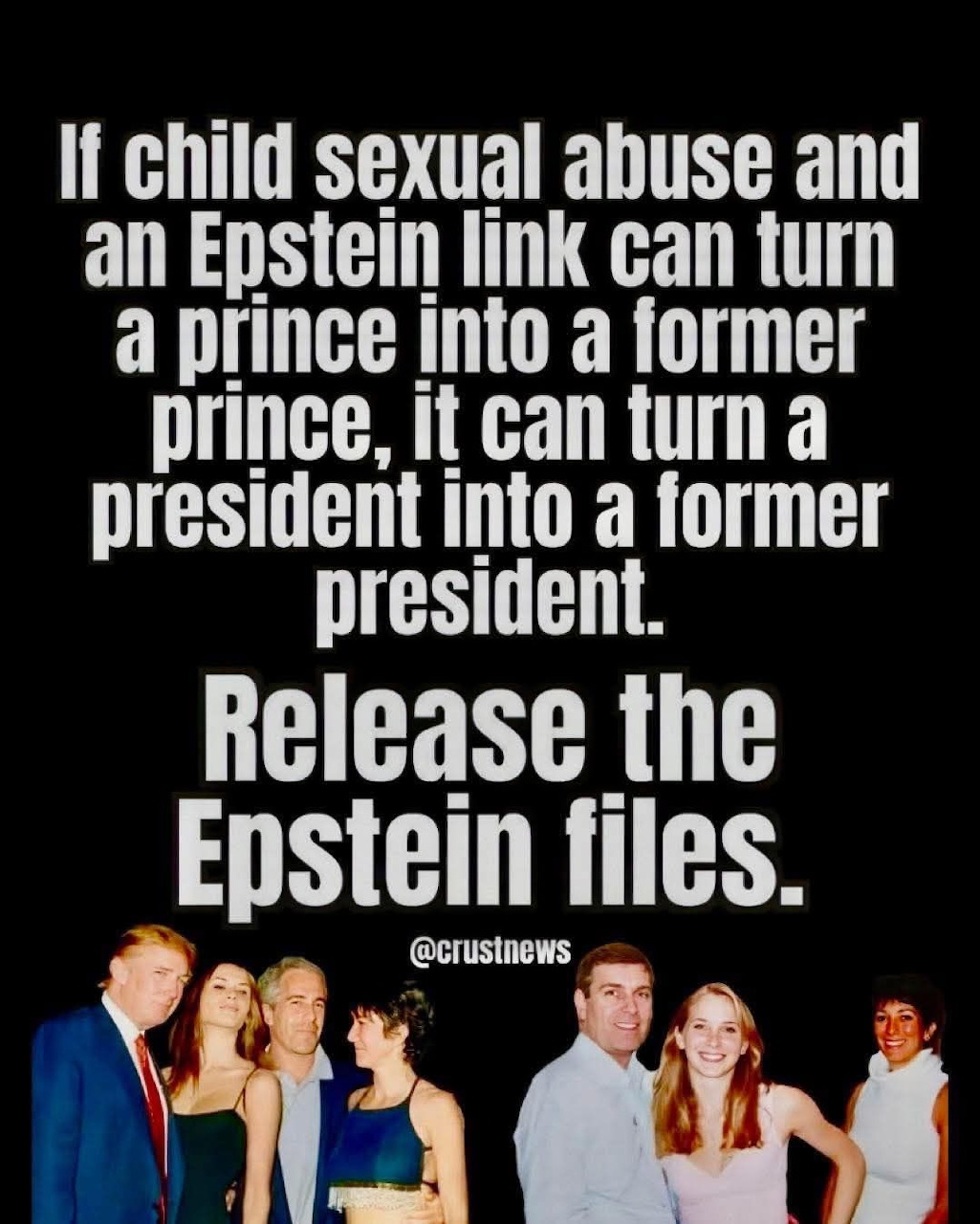 Black poster with white text and a small collage including Donald Trump and Jeffrey Epstein