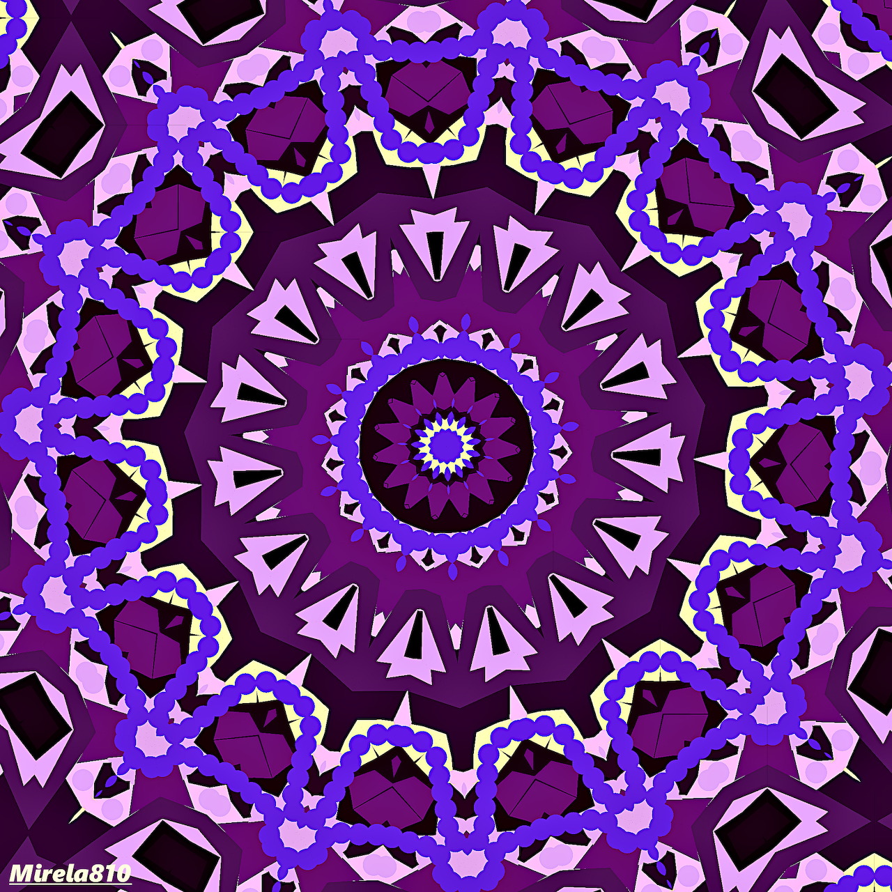 Symmetrical purple mandala with geometric floral patterns on a dark background