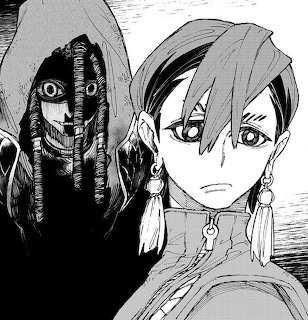Black-and-white manga drawing of a young character with long earrings and a hooded figure behind