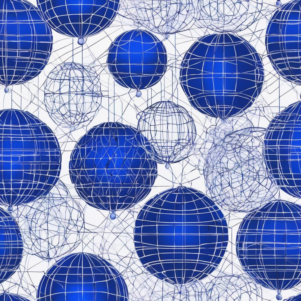 Abstract pattern of blue spheres with white wireframe grid overlay