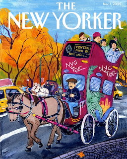 The New Yorker magazine cover illustration of tourists in a horse-drawn carriage passing through autumn park scenery