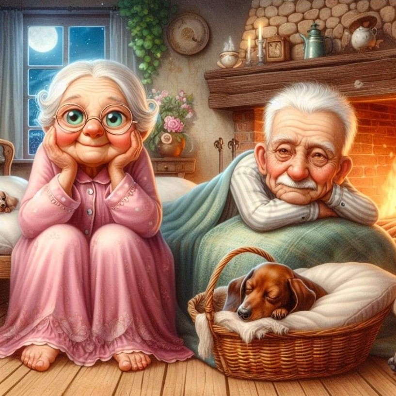 Elderly Couple by Fireplace