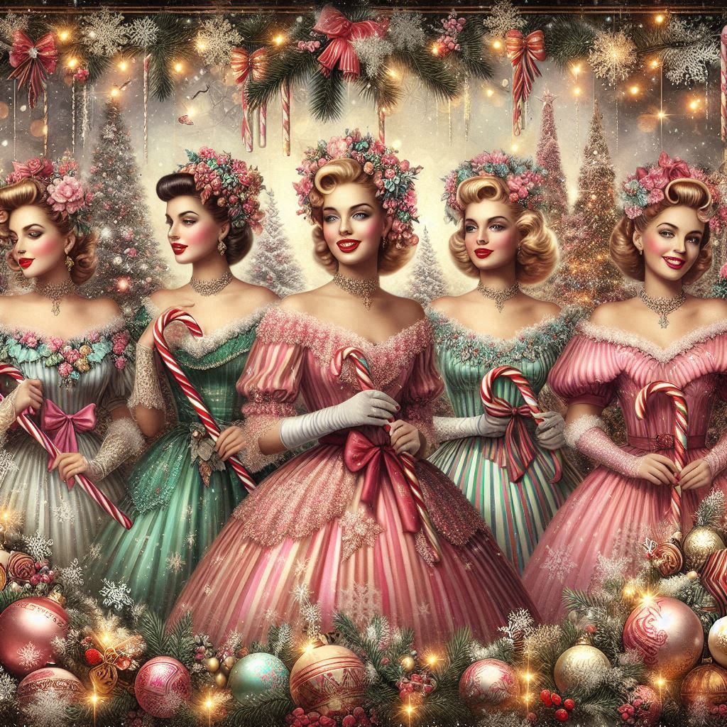 Five women in pastel ball gowns with flower crowns under Christmas decorations