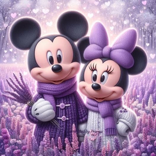 Mickey and Minnie Mouse in purple winter clothing standing in a snowy purple lavender field