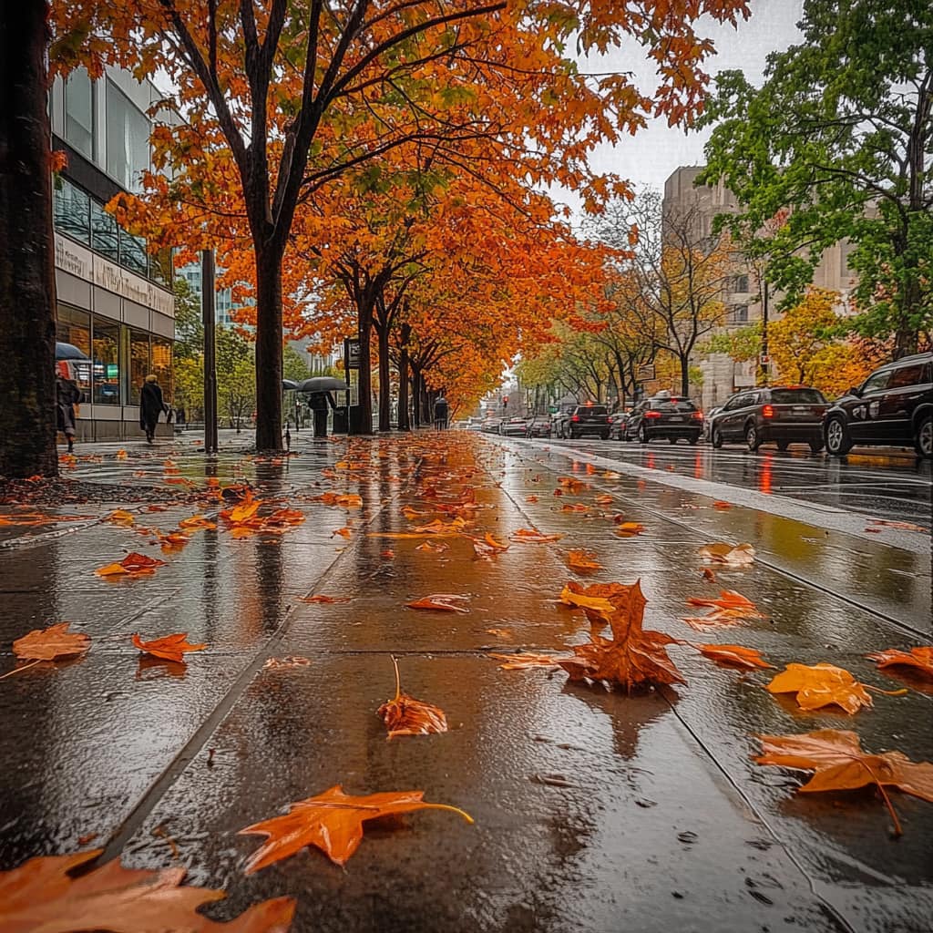 Rainy city street with orange autumn trees and fallen maple leaves on wet pavement