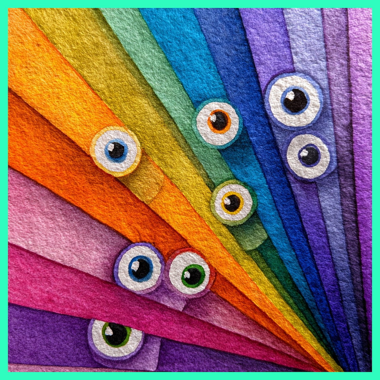 Cartoon eyeballs on rainbow paper rays radiating from corner