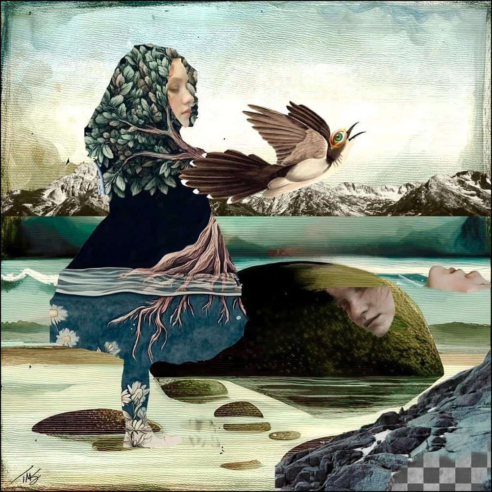 Surreal collage of a woman merged with mountains and water beside a bird in a coastal scene