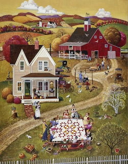 Folk art painting showing farm community with quilting bee gathering, red barn, white house, and pastoral landscape