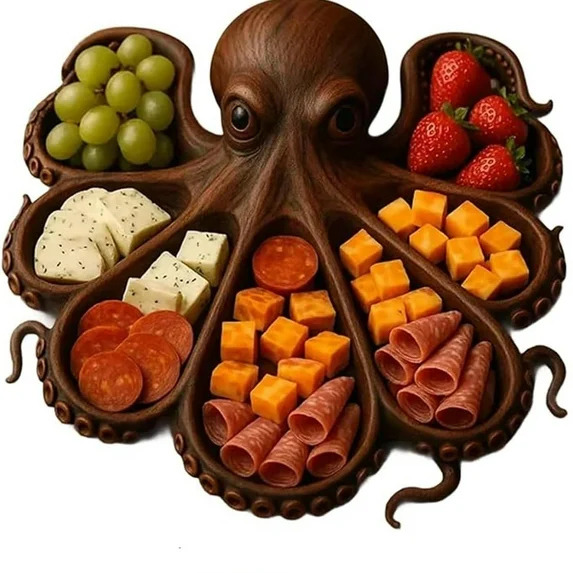 Octopus-shaped charcuterie tray with grapes, strawberries, cheese, crackers, salami, and dip