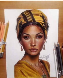 Realistic colored pencil drawing of a woman with a yellow patterned headwrap surrounded by pencils