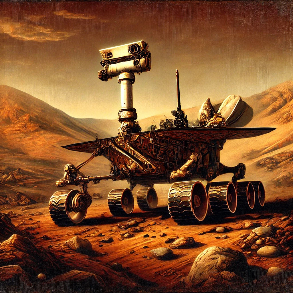 Renaissance-style painting of a Mars rover on a rocky red desert landscape