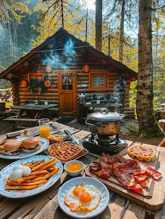 Breakfast spread of bacon, eggs, and pancakes on table in front of log cabin in forest