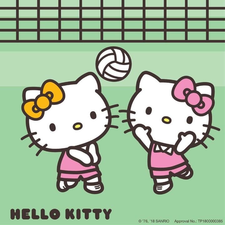 Two Hello Kitty characters in pink outfits playing volleyball against a green background with a net