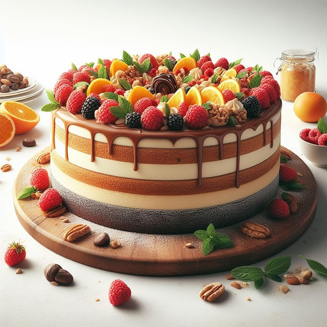 Layered drip cake topped with mixed berries, citrus slices, and nuts on a wooden board
