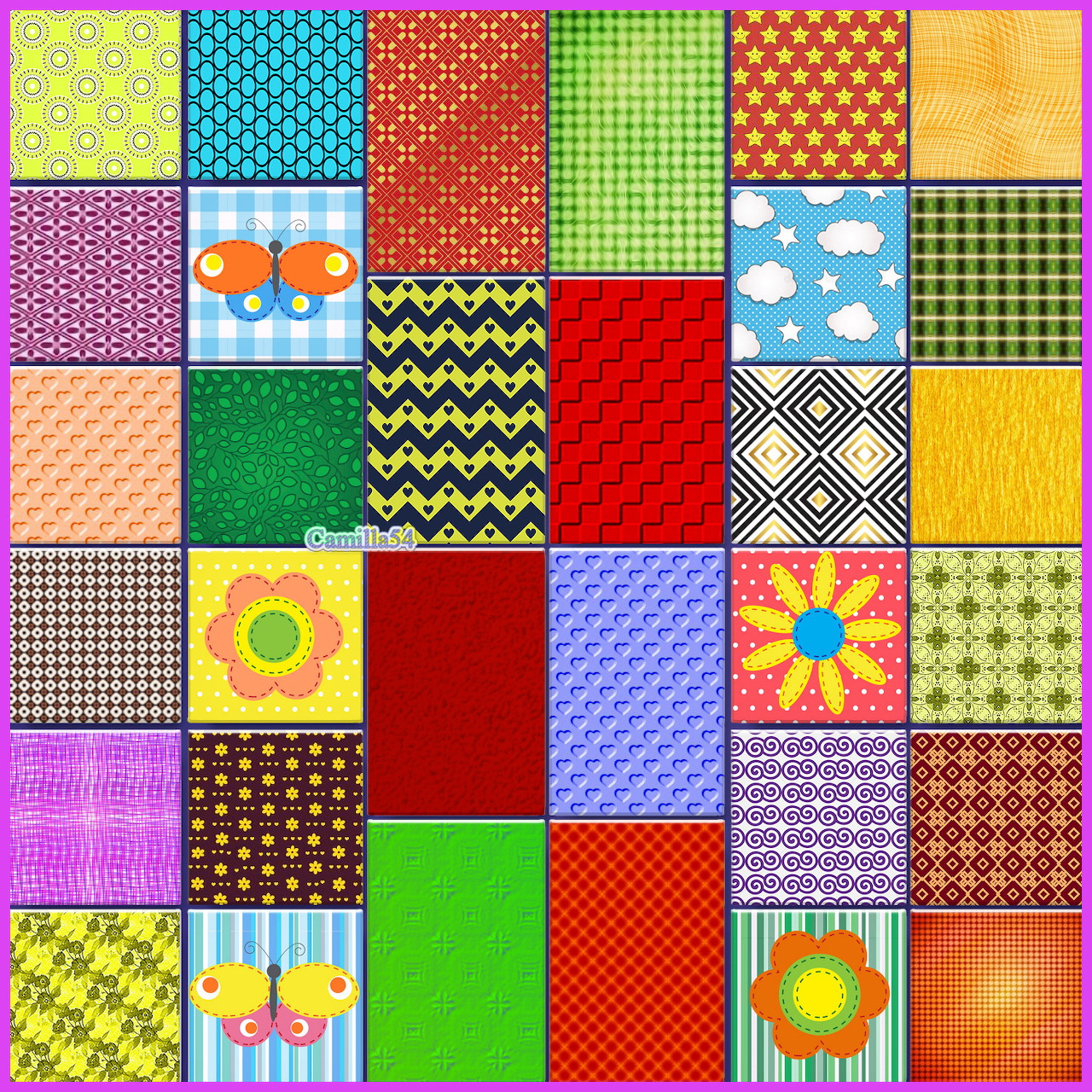 Grid of 36 colorful square tiles with various geometric patterns, dots, stripes, flowers, and abstract designs