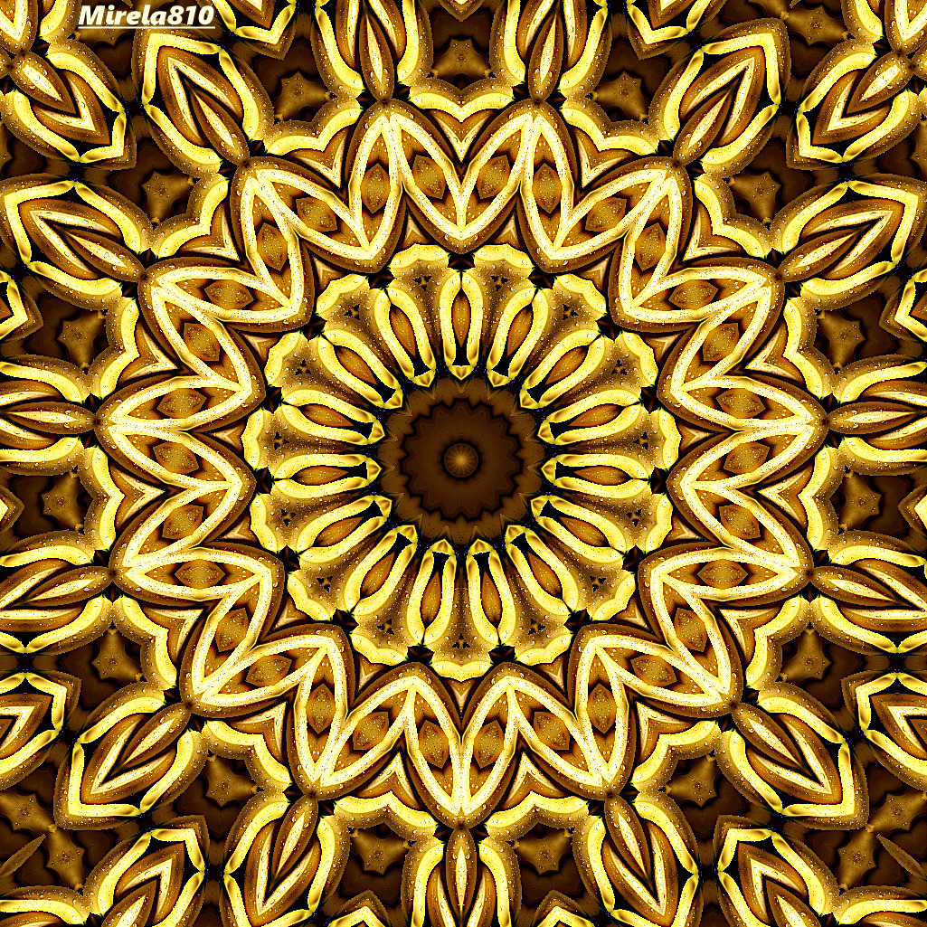 Symmetrical golden mandala with radiating floral petals and ornate patterns on dark background