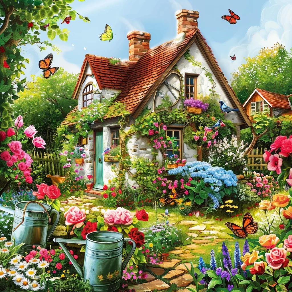 Picturesque English cottage surrounded by vibrant flowering garden with butterflies and birds