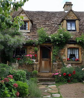Rustic stone cottage with flower garden and wooden door