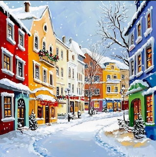 Painting of a snowy village street lined with colorful houses and bare trees