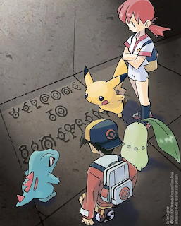 Pokemon trainers with Pikachu examining ancient stone ruins with carved symbols