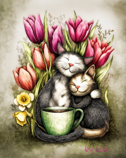Two adorable kittens cuddling among colorful tulips with a teacup in whimsical illustrated style
