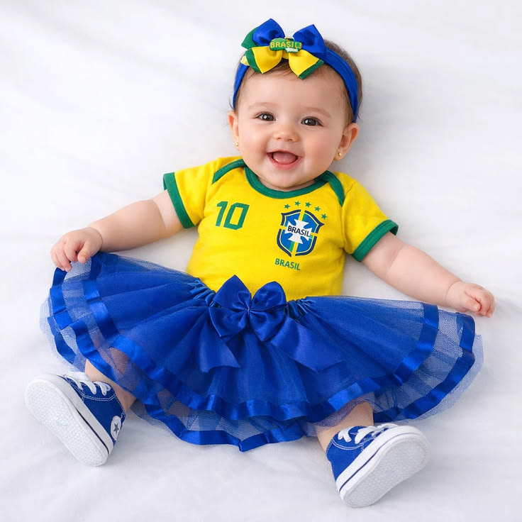 Happy baby in Brazil soccer jersey onesie, blue tutu skirt, bow headband, and blue sneakers