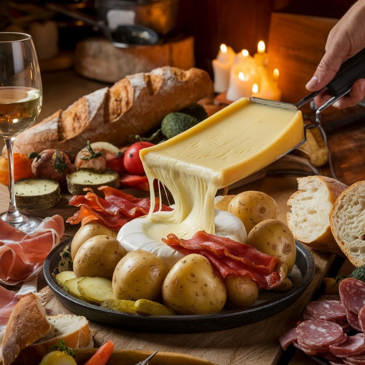 Melted raclette cheese being scraped onto a plate of potatoes, cured meats, and bread on a wooden table
