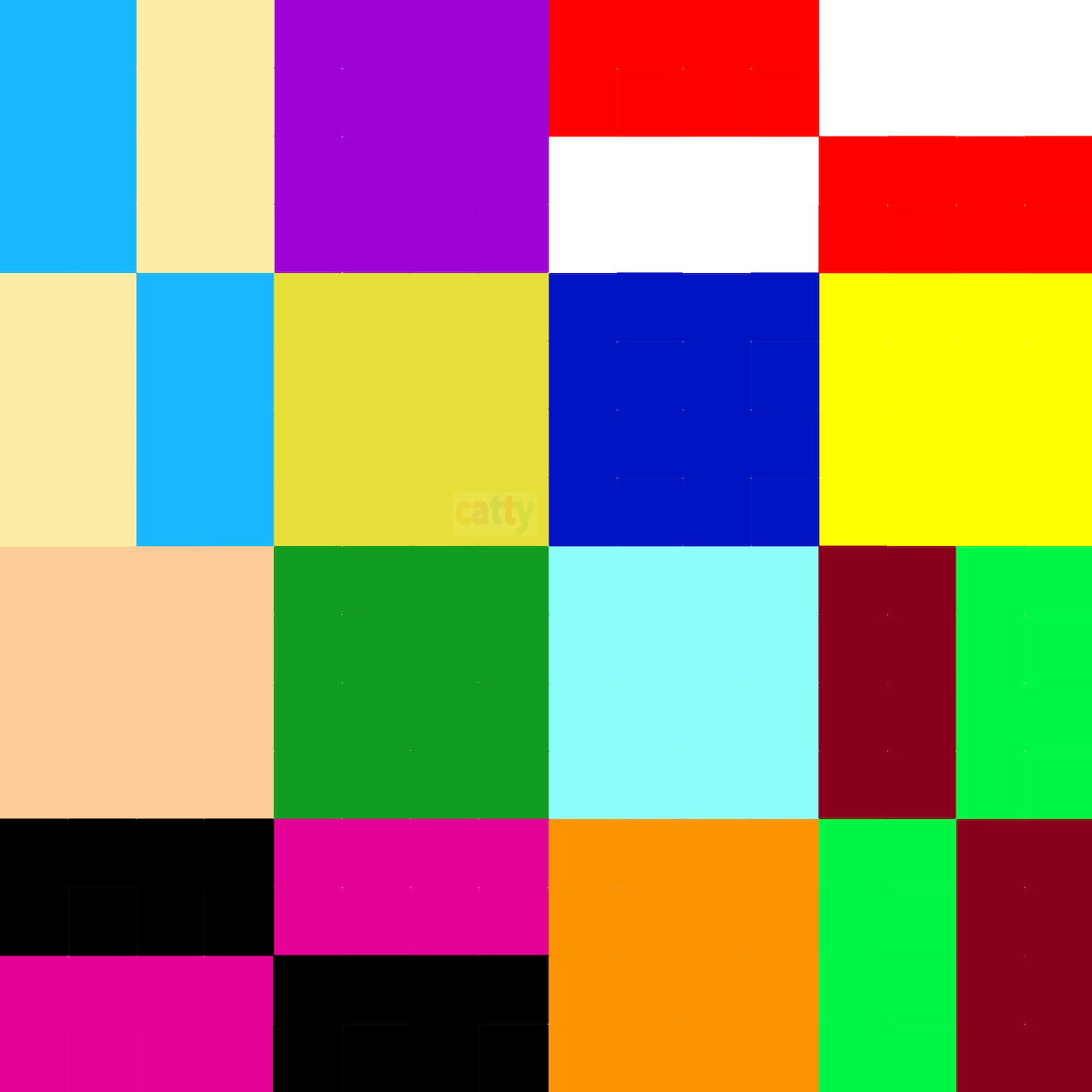 Grid of 16 colorful square blocks in bright primary and secondary colors arranged in a 4x4 pattern