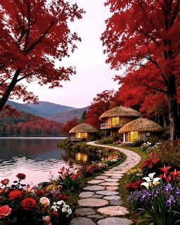 Stone path, flowers, and cozy cottages beside a lake under red autumn trees