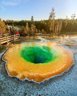 Morning Glory Pool hot spring in Yellowstone with vivid green, yellow and orange thermal waters