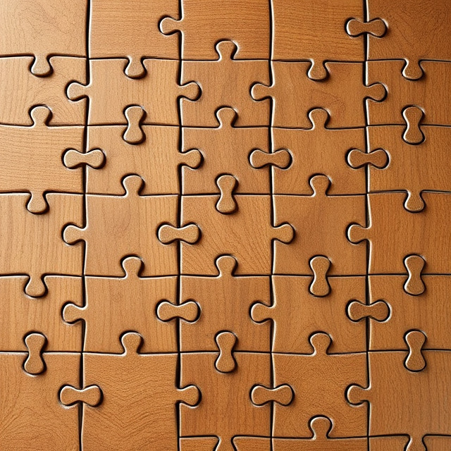 Wooden jigsaw puzzle pieces fitted together showing natural grain patterns