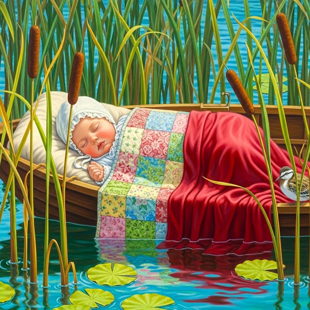 Sleeping baby in a wooden boat with a quilt and red blanket among reeds and lily pads