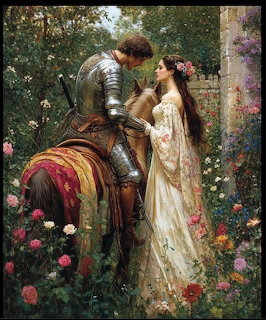 Painting of an armored knight on horseback with a woman in a floral garden