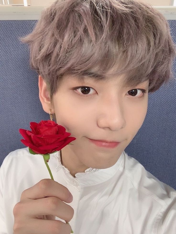 Young man holding a red rose in a close-up indoor portrait