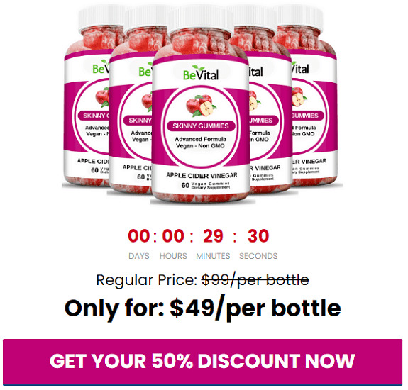 Five BeVital Skinny Gummies bottles above a countdown timer and discount offer text on a white background