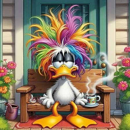 Cartoon duck with rainbow feather headdress and sunglasses on wooden porch
