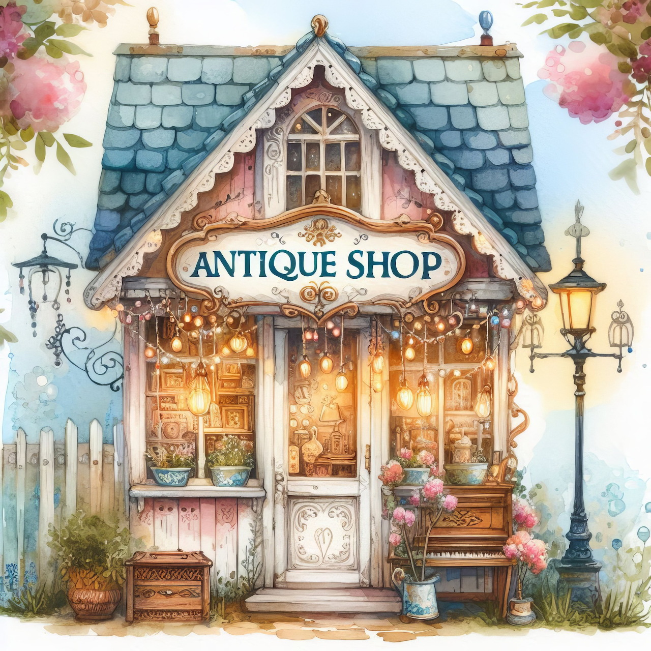 Watercolor illustration of a cute antique shop with blue roof, string lights, and flower decorations