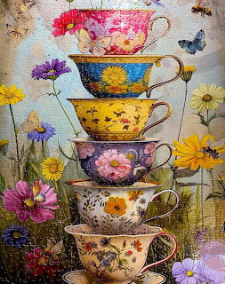Stack of five vintage teacups with floral designs surrounded by flowers and butterflies