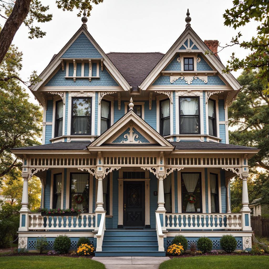 Ornate Victorian house with blue trim, wraparound porch, and decorative gables surrounded by trees
