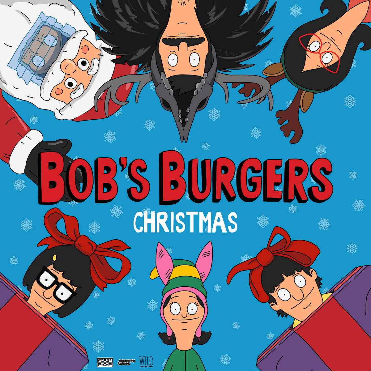 Bob's Burgers family cartoon around a blue snowy Christmas background with gift boxes