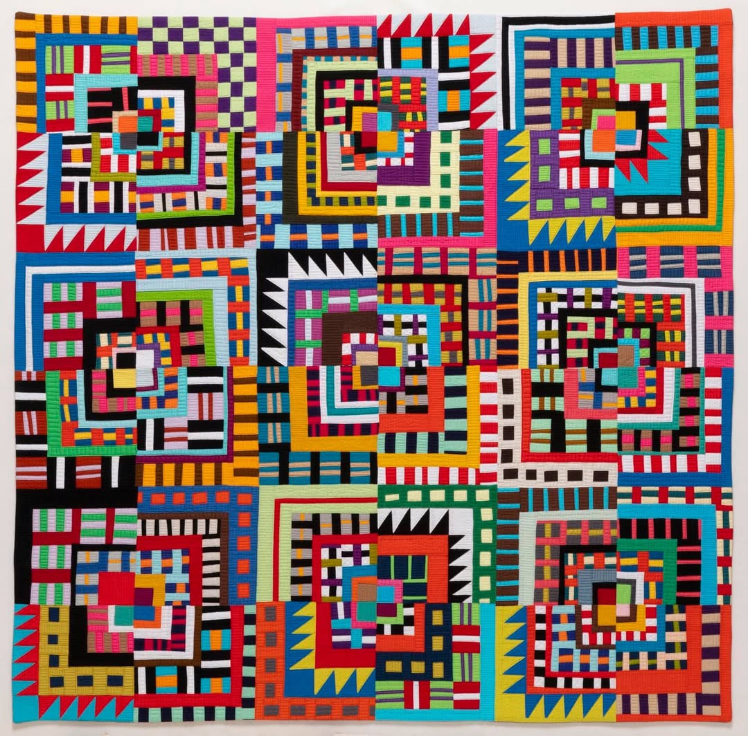 Colorful geometric patchwork quilt with nine squares of concentric patterns in bright primary colors