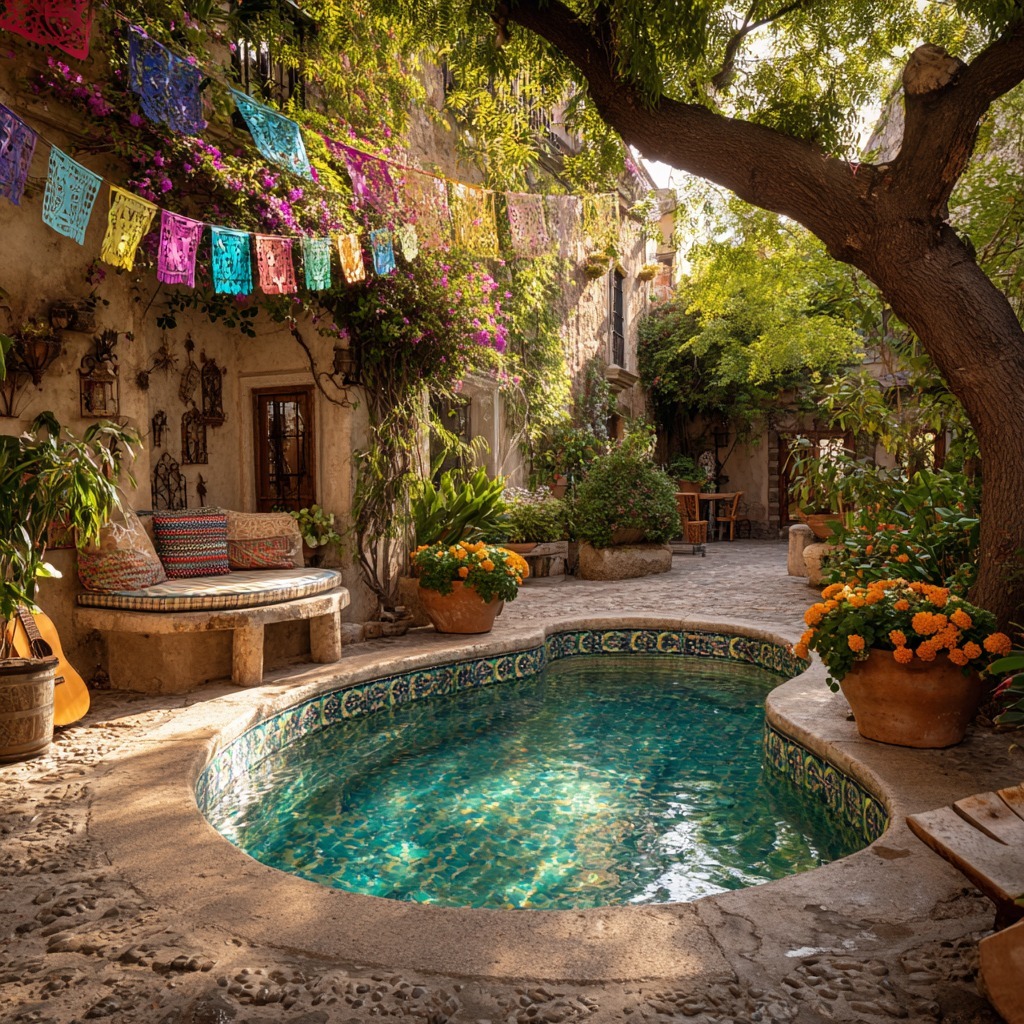 Rustic courtyard with a small turquoise pool, potted flowers, colorful banners, and a large tree